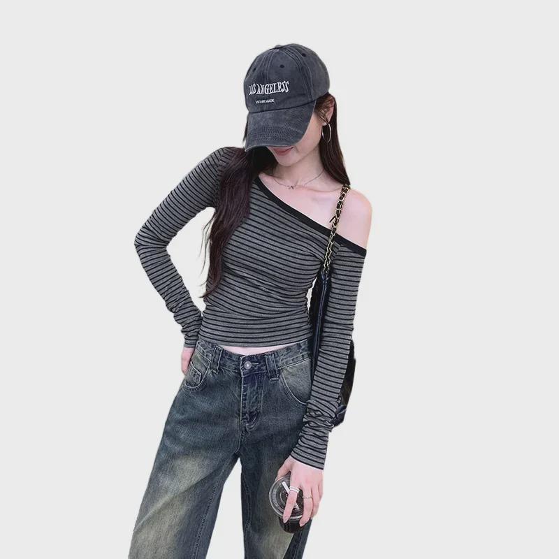 European Style Gray Striped Off-Shoulder Long-Sleeve T-Shirt for Women - Early Autumn 
