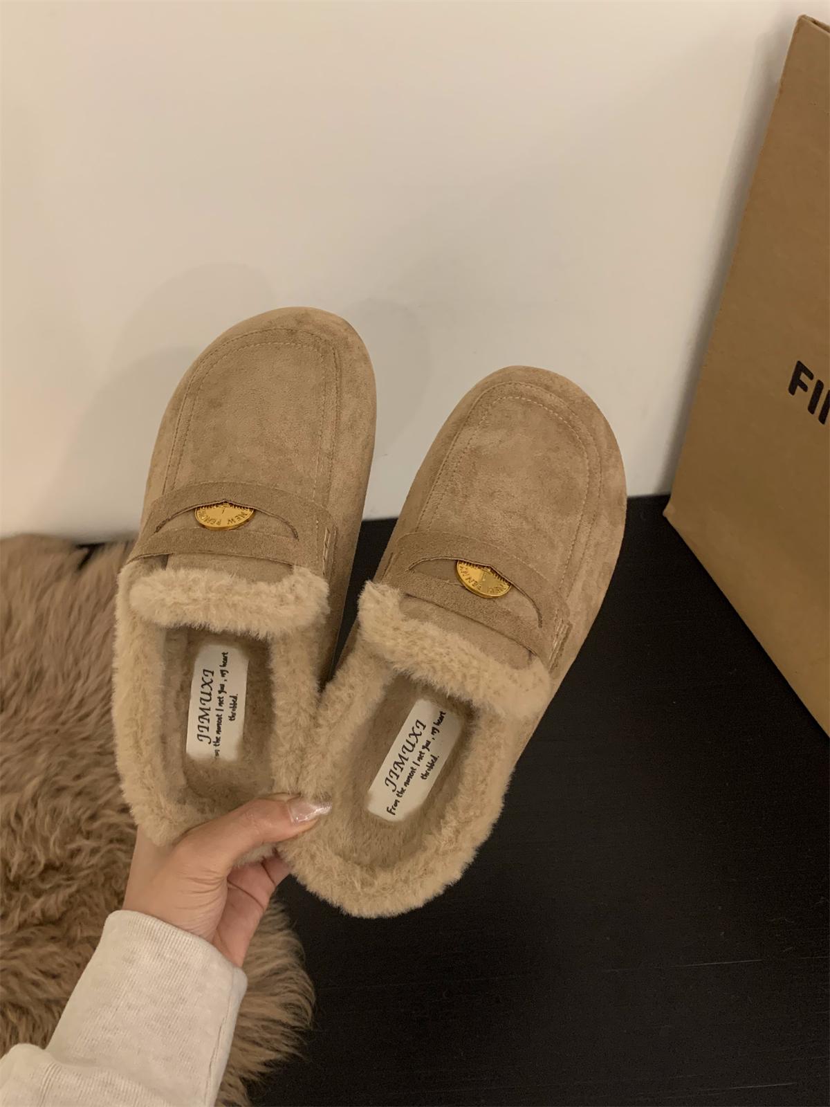 

Thick-soled plush shoes bag head half slippers women s shoes wear 2025 autumn and winter half toboken shoes 40 хакі