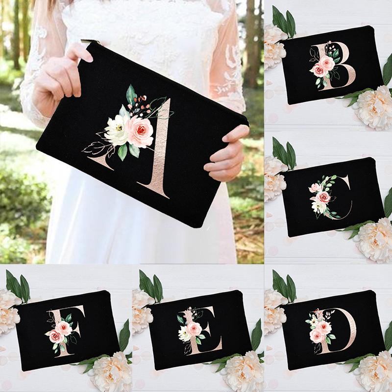 Borsa per il trucco floreale con alfabeto, damigella d'onore, damigella d'onore, festa, matrimonio, addio al nubilato, regalo, in tela, con cerniera, per cosmetici
