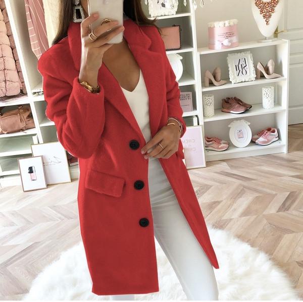Autumn And Winter Solid Color Suit Collar Medium Long Double Row Button Wool Coat Women