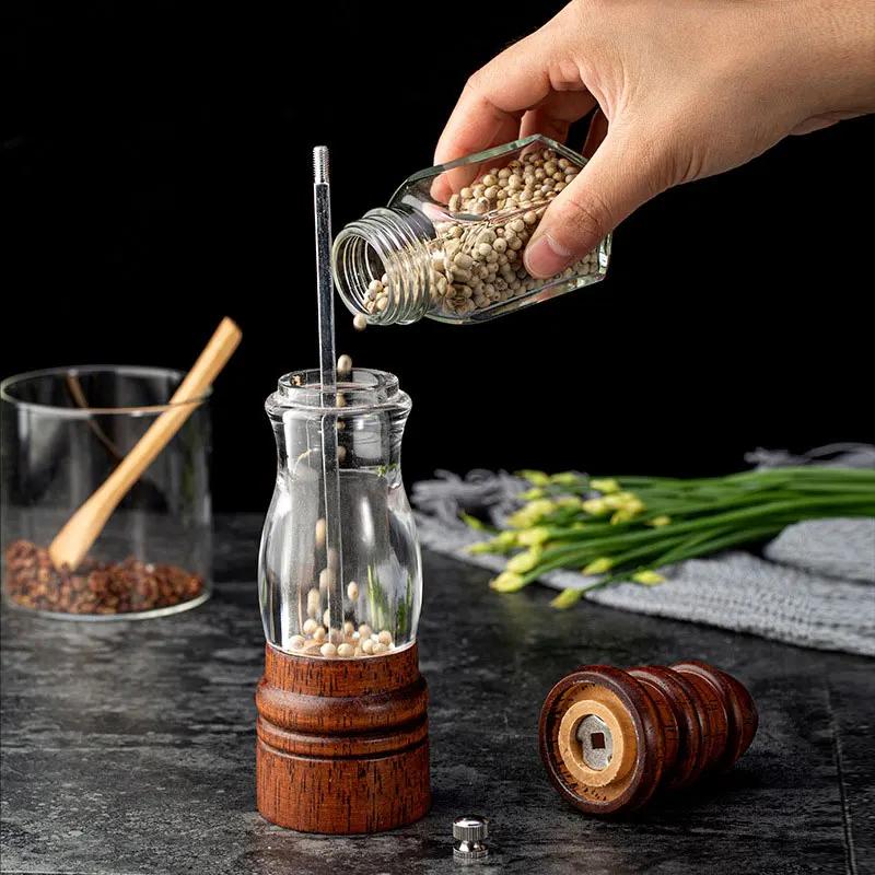 Manual Salt Grinder Refillable Spice Mill Manual Salt Kitchen Gadgets Seasoning Storage Bottle Wooden Spice Grinder Pepper Mill