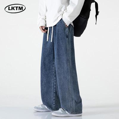 LKTM Men's Blue-Gray Straight-Leg Jeans: Trendy, Loose, Versatile, Wide-Leg Pants