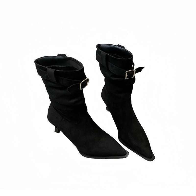 Miting Fashion Boots Women's 2025 Autumn and Winter New Temperament Thin Boots Leopard Print Pointed Thin Heel Suede High Heel Short Boots