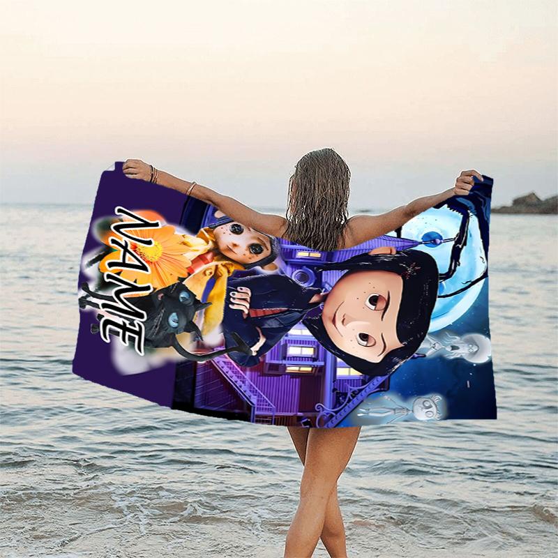 1pc Coraline7 Beach Towel with Custom Name, Beach/Swimming/Bath/Picnic/Camping Towel, Suitable for Seaside Beaches