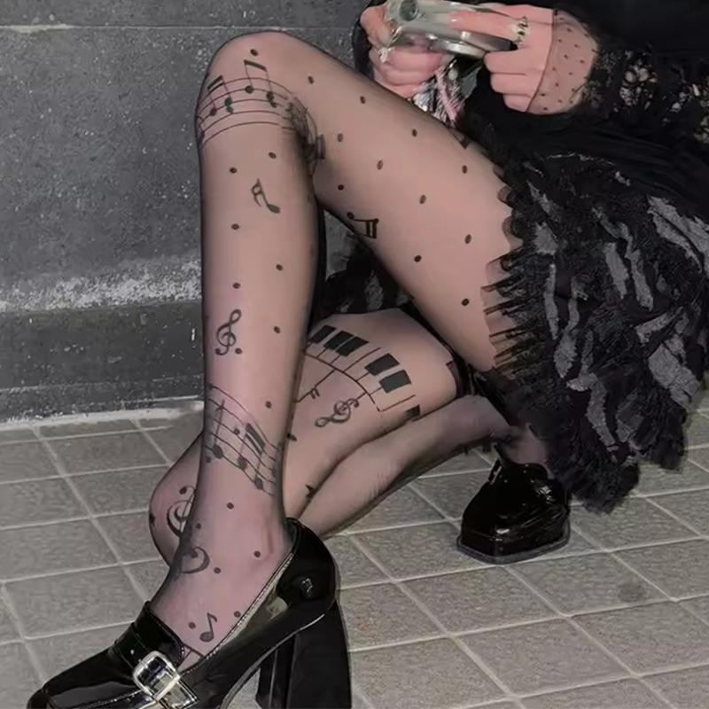 Vintage Y2K Lolita Music Note Piano Print Pantyhose for Women Sexy Stockings Korean Sweet Cool Hosiery Thin High Elastic Socks