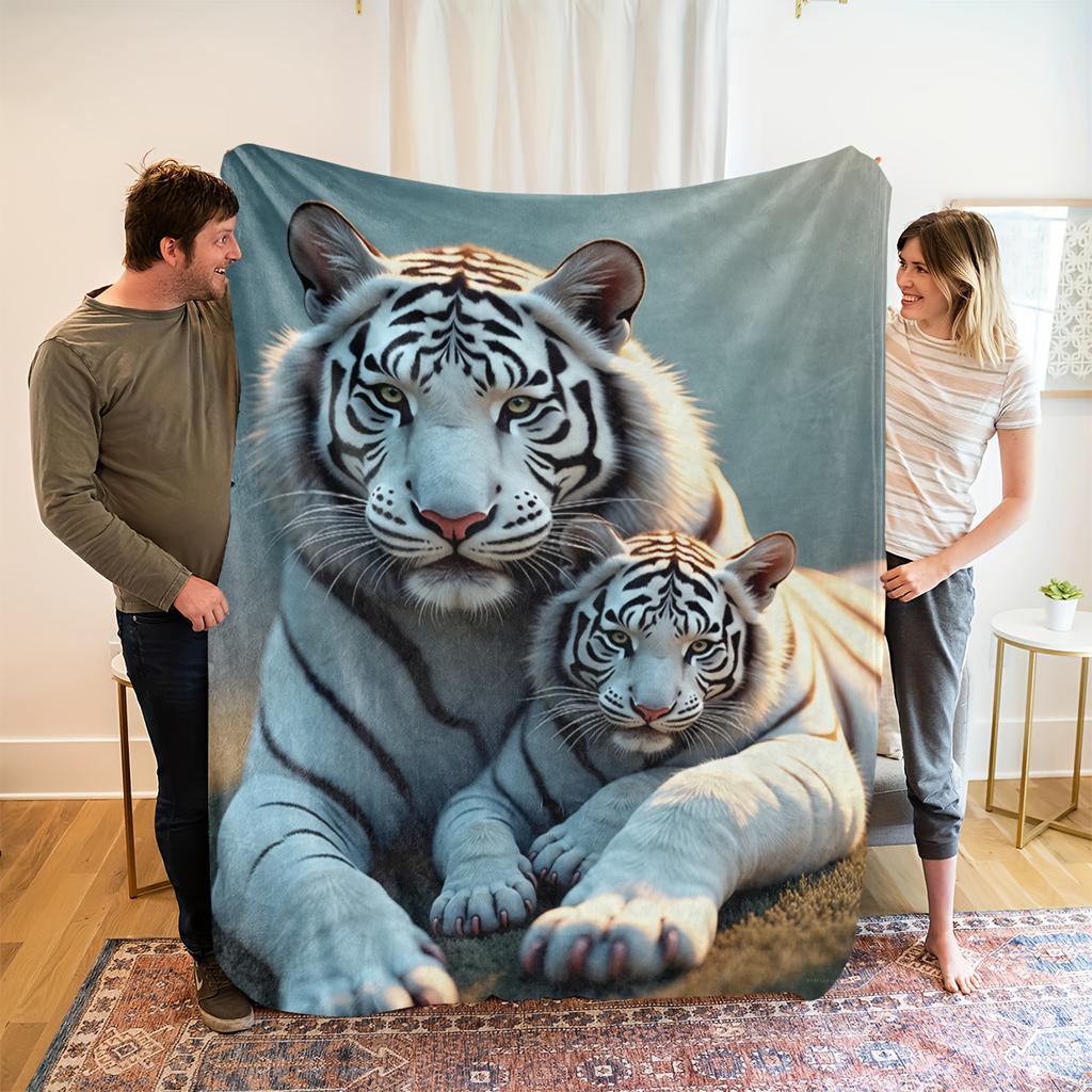 Luxurious White Tiger Print Fleece Blanket - Ultra-Soft Polyester All-Season Bedspread with HD Digital Tiger Design, Plush