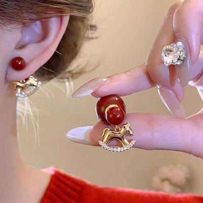 Elegant Retro Red Bead Wooden Horse Stud Earrings - High-End Niche Design for Autumn/Winter