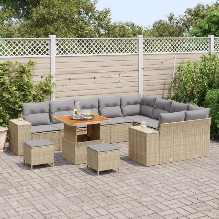 Ensemble de Canapés de Jardin vidaXL 12 Pièces avec Coussins en Rotin Synthétique Beige, Ensemble de Salle à Manger 3363992