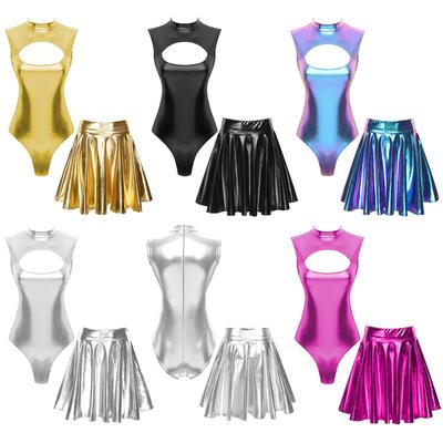 Conjunto de Body Brillante sin Mangas con Corte Frontal para Mujer Falda de Cintura Alta Acampanada