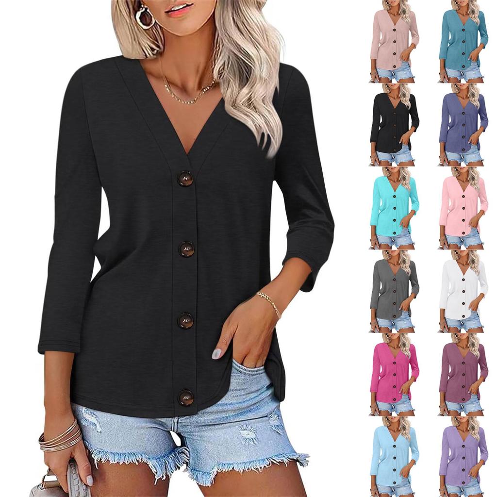 Women's Fashion Casual Solid Color Button-down Shirt 3/4 Long Sleeve Tops