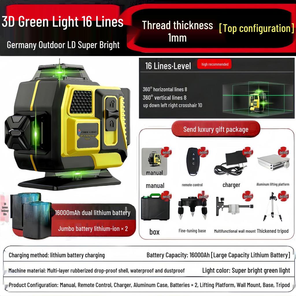 12-Line High-Precision Green Laser Level, Wall/Floor-Mounted, Automatic Leveling for Indoor/Outdoor Use