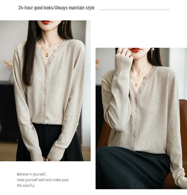 2025 Early Autumn Slimming Embroidered Cardigan - Women's Long Sleeve Notched Collar Knitwear