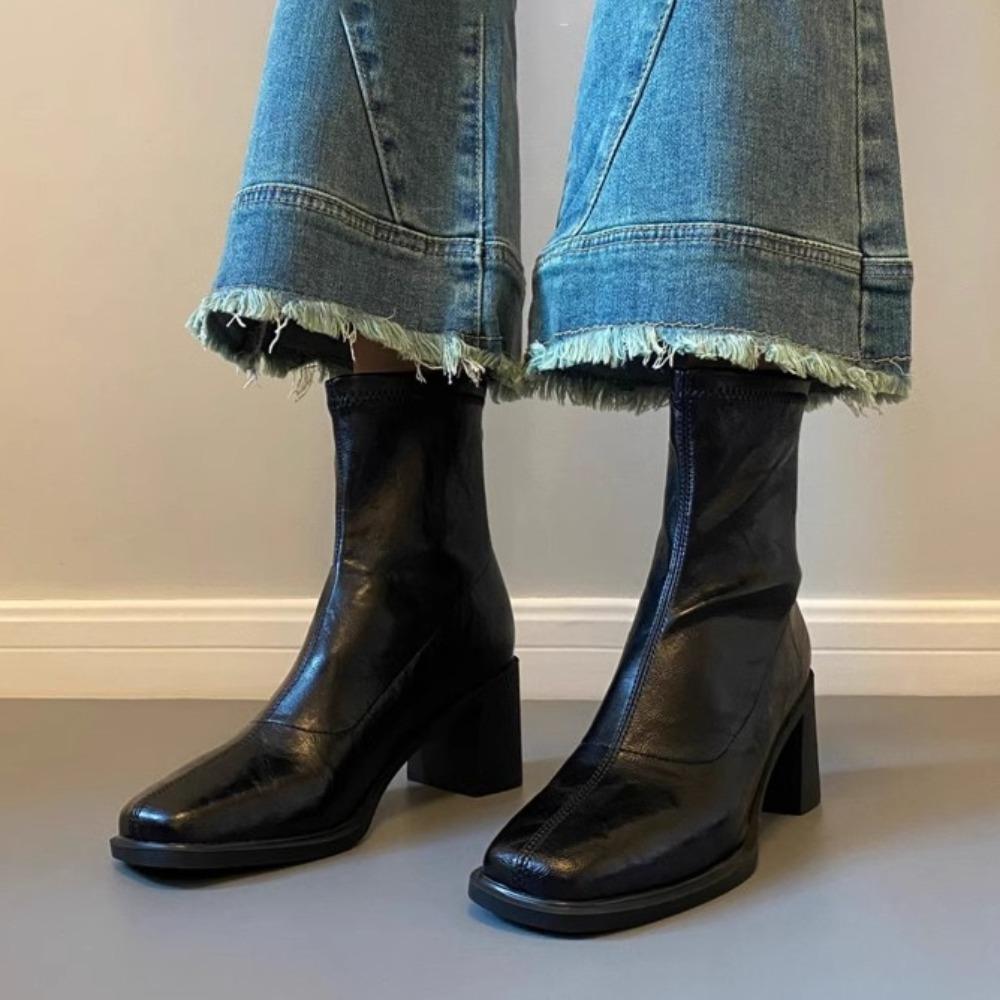 Women's High Boots Leather Commuter High-heeled Boots Women's Autumn and Winter Soft Soled Retro Thick Heeled Boots