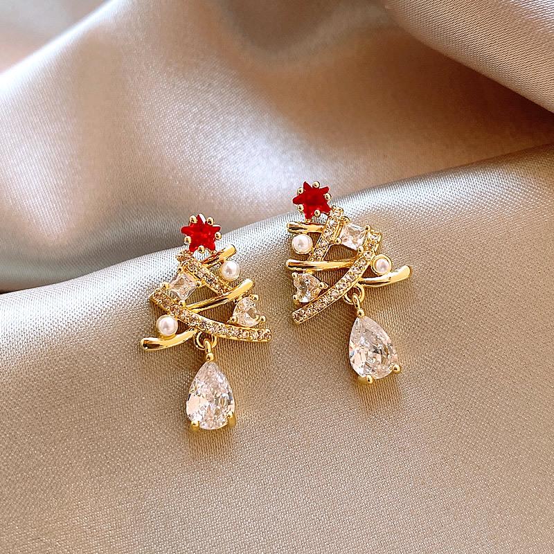 Red Zircon Pearl Snowflake Earrings - Winter Retro Light Luxury Studs