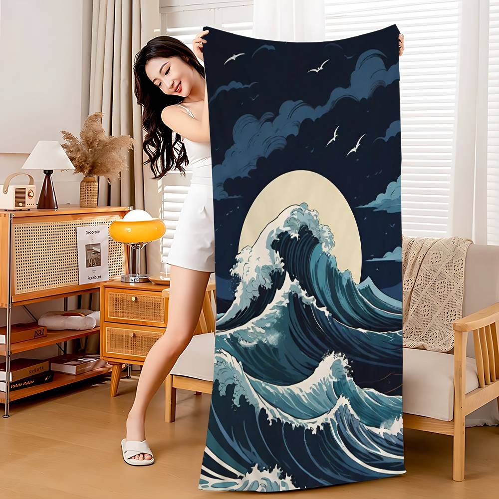 Wave Landscape Japanese Wall Art Beach Towel Bath Towels for Girl Microfiber Quick Dry Custom Sand Free Beach Yoga Spa Gym Pool