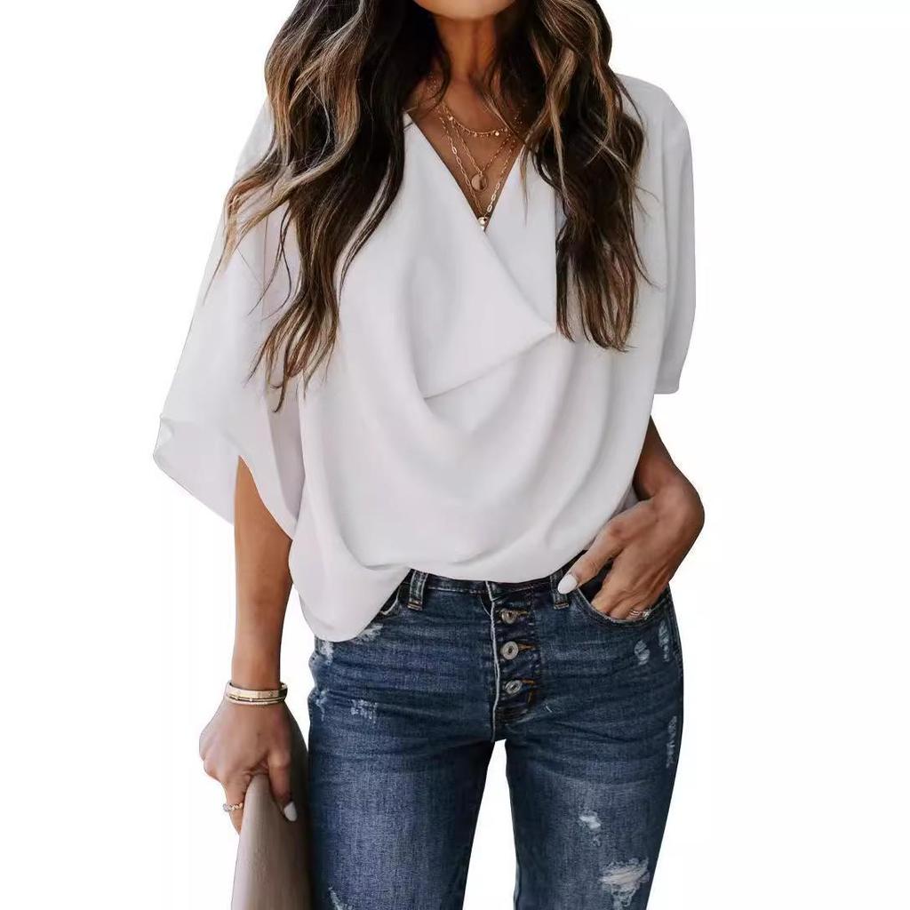 European & American V-neck Loose Chiffon Shirt - Women's Casual Top
