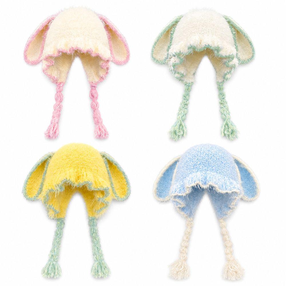 Fuzzy Texture Earflap Beanie Hat Braided Tassels Plush Winter Hat Bunny Ear Hat Autumn Wear