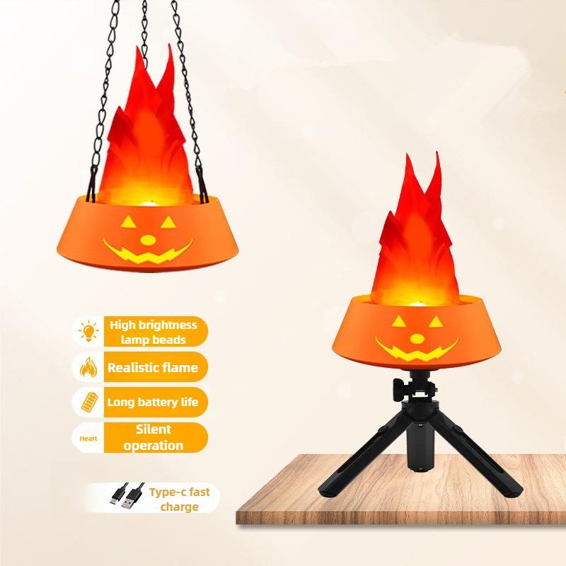 Halloween Simulation Brazier Decoration LED Pumpkin Flame Light Fake Fire Burning Props Haunted House Bar Shop Home Party Decor