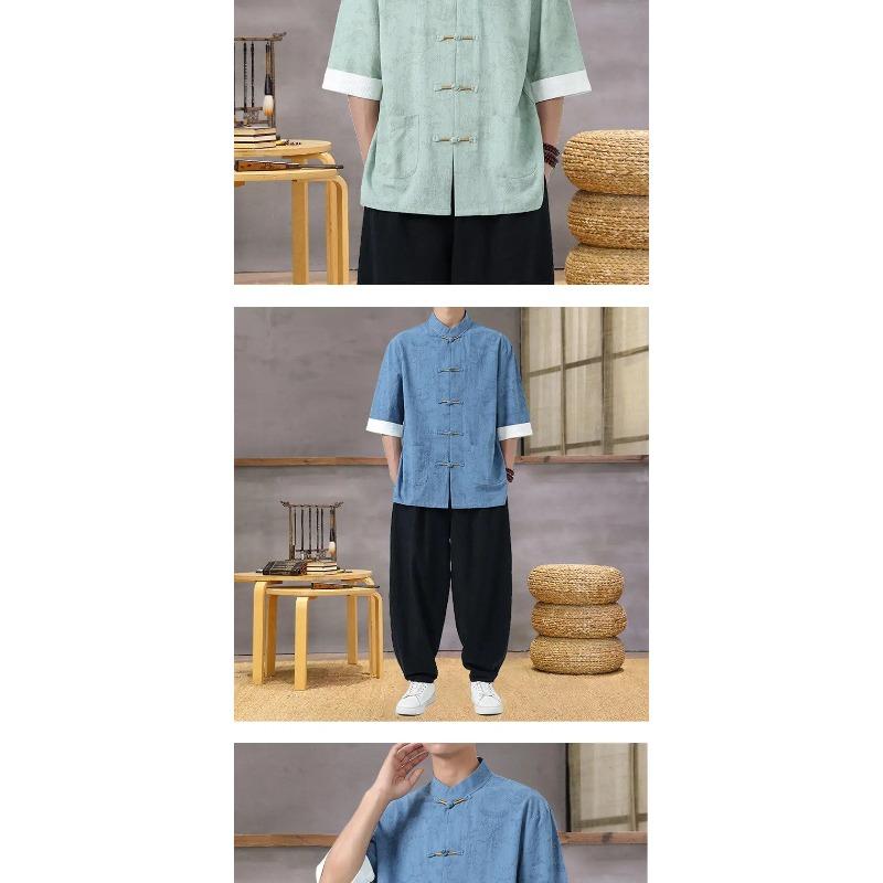 Men's Lightweight Mandarin Collar Printed Shirt Summer Chinese Style Oriental Design Casual Cultural Wear