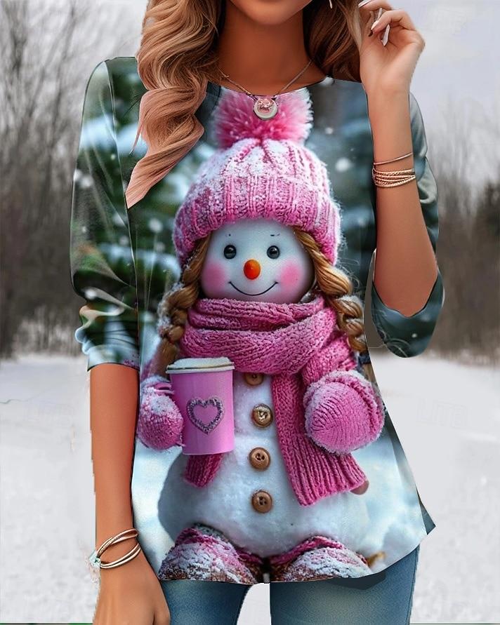 Women's Fashion Snowman Print Long Sleeve, Christmas Holiday Graphic Top, Crew Neck Casual Style, All Seasons Comfort Wear