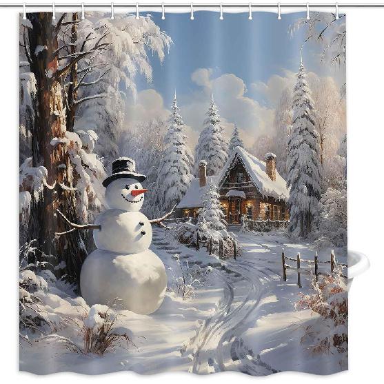 MERCHR Christmas Snowman Shower Curtain, Winter Snow Trees Rustic Farmhouse Bathroom Curtains, Durable Waterproof Fabric Bathtub Sets Home Decor 71 x