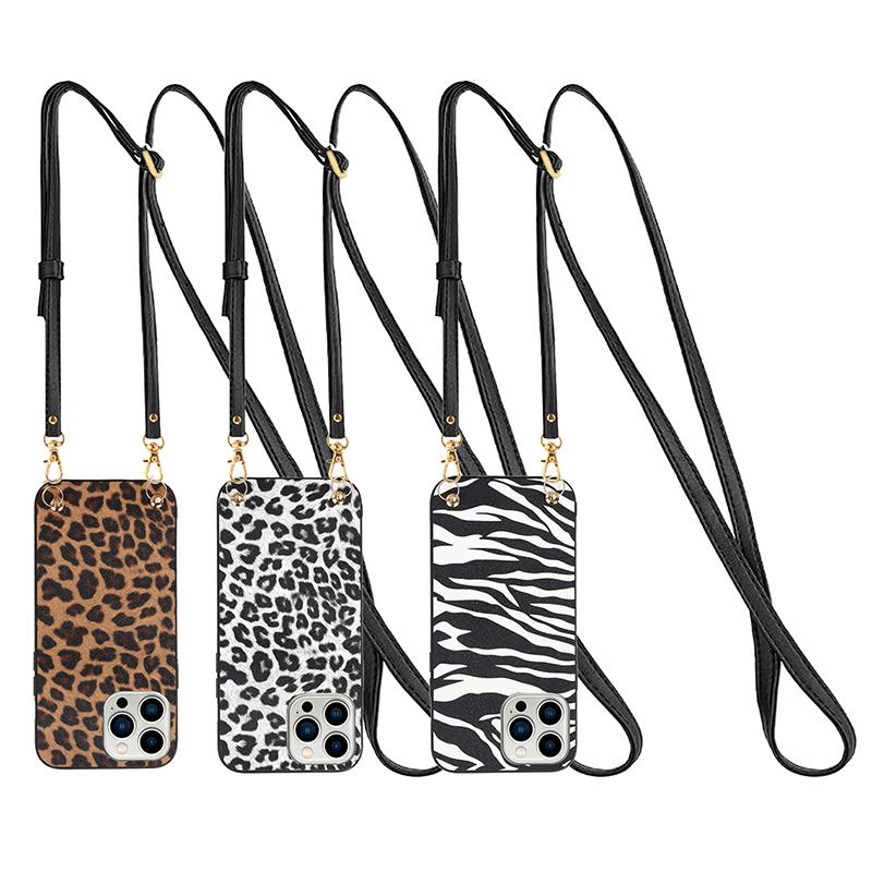 Crossbody Strap Leopard Zebra Print Case For iPhone 15 14 13 12 Mini 11 Pro Max Xs Xr X 16 PRO Plus SE2 Cord Chain Leahter Cover