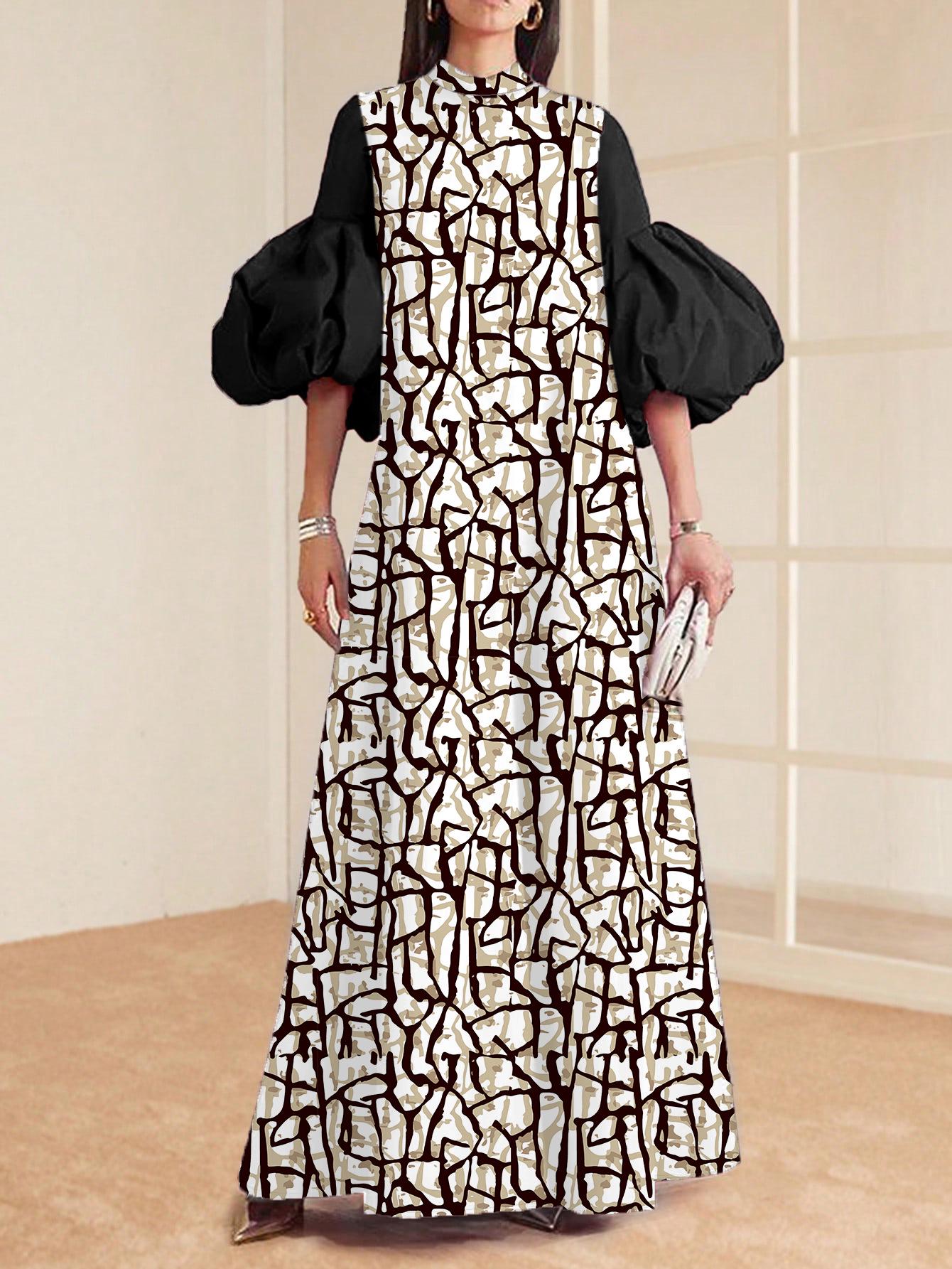 

Элегантное вечернее платье с принтом и пышными рукавами для мусульманок 2025 Large чёрный