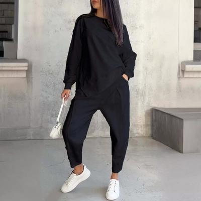 2 Pcs/Set Women Top Pants Set Long Sleeves O Neck Irregular T-shirt Elastic Waist