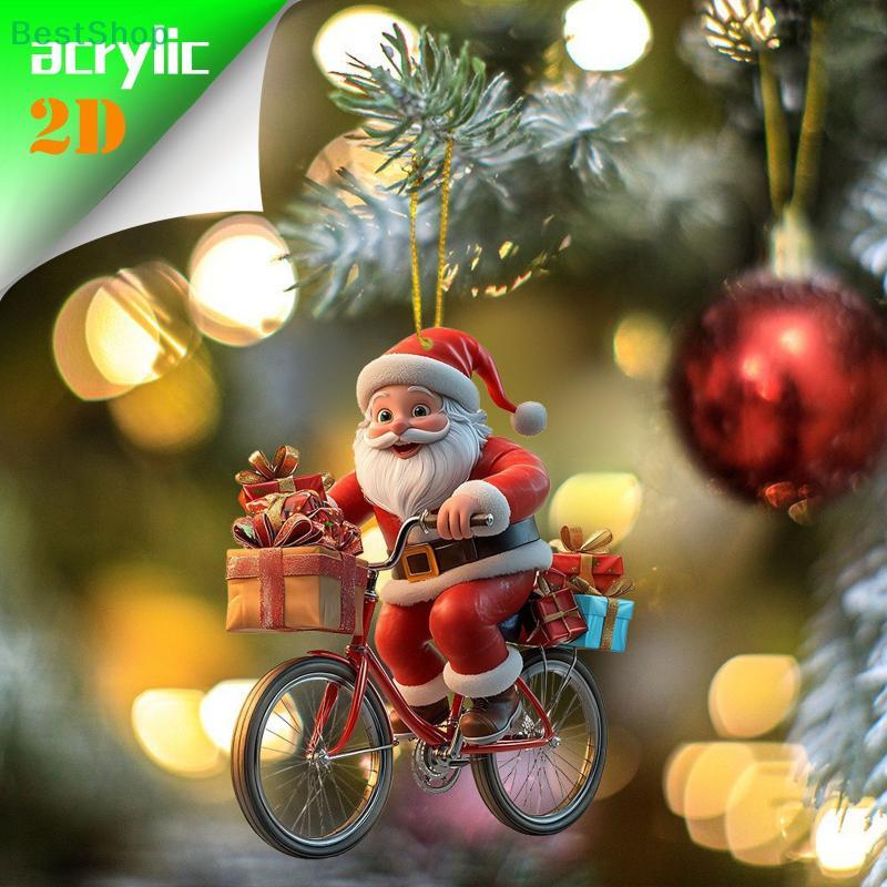 2D Acrylic Santa Claus Biking Gift Hanging Christmas Pendants Christmas Tree Decoration