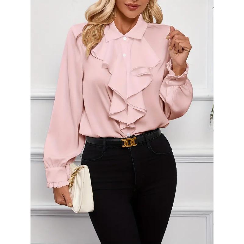 women's Solid Color Satin Lapel Collar Ruffle Layered Long Sleeve Cuff Detail Casual Blouse Shirt Top