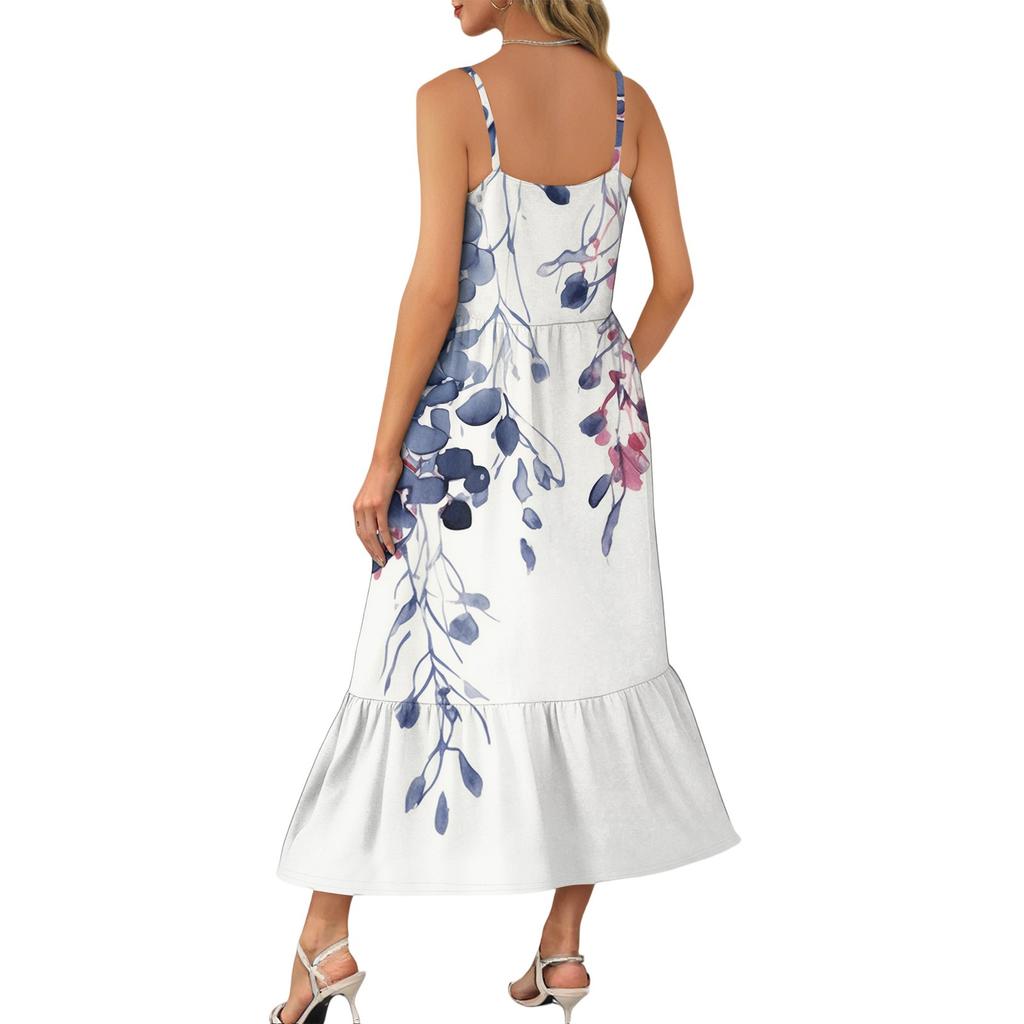 Dámské dlouhé plážové ležérní elegantní maxi šaty na špagetová ramínka s květinovým vzorem, decentní splývavé bohémské šaty