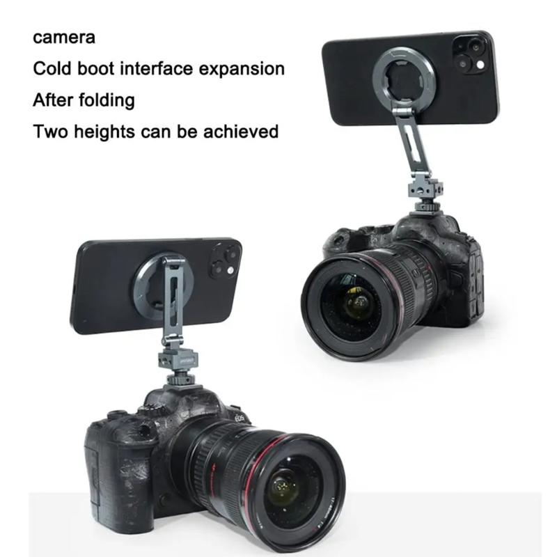 Collapsible Metal Phone Holder Featuring Magnetic Locking System Double Orientation Shoots Cold Shoe Expansion Interface