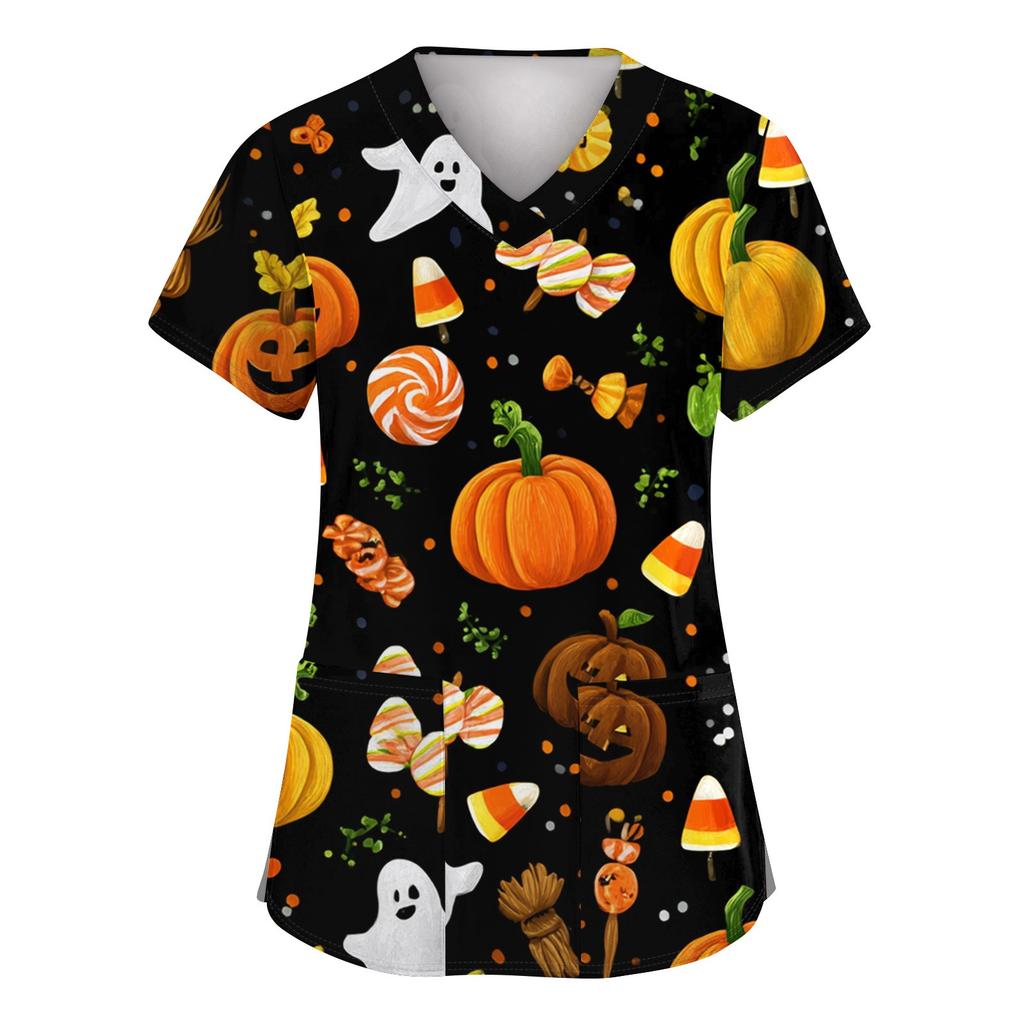 Dámská móda Krátký rukáv Halloweenský potisk Výstřih do V Kapsa Pracovní topy