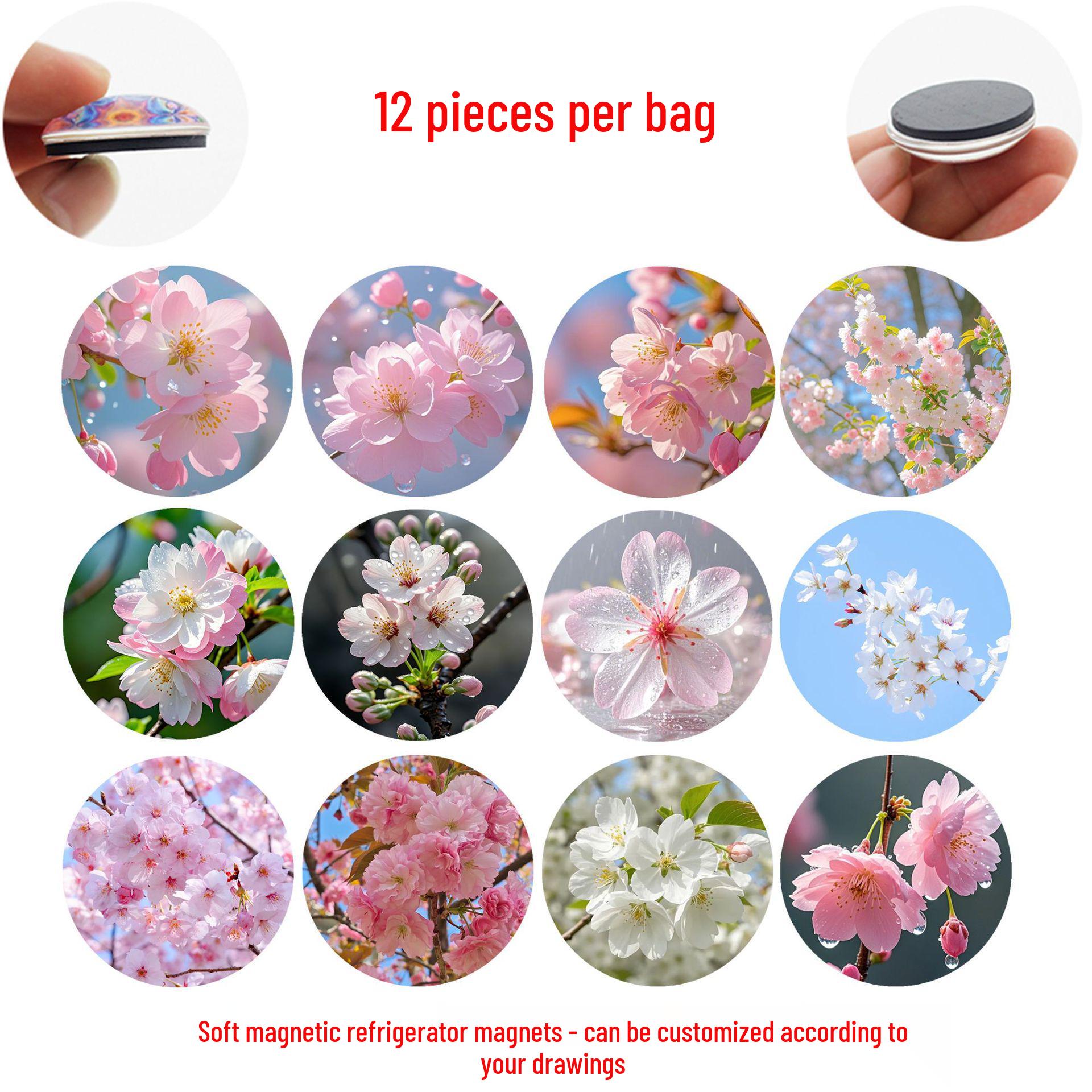

Cherry Blossom Glass Magnetic Tiles - Pink & White Refrigerator Magnets Home Decor 12-piece set, 25 mm (BLY340)