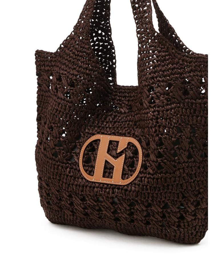 Hazzys Women Acc Signature H Logo Patch Dark Brown Rattan Shoulder Bag L Hiba6E794W2