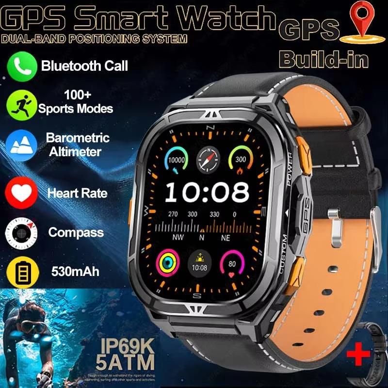 New GPS Track Smart Watch Men 5ATM Waterproof 1.96" Always Display Compass Heart Rate 530mAh Battery BT Call Smartwatch