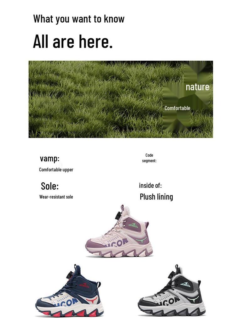 Pink Fleece-Lined High-Top Cotton Winter Boots with Rotary Laces for Older Children