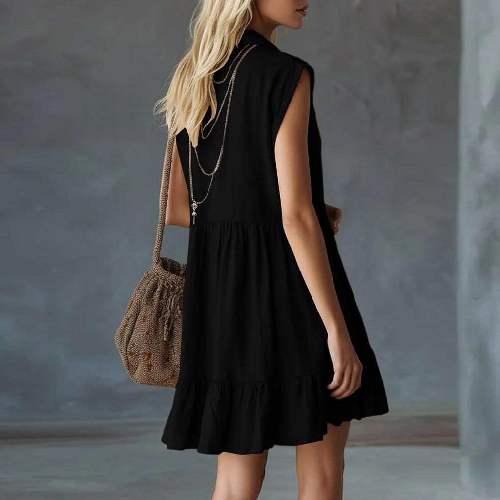 Women Button Down Casual Loose Fit Mini Dress with Ruffle Hem Short Sleeve V Neck Collared Design Lightweight Fabric