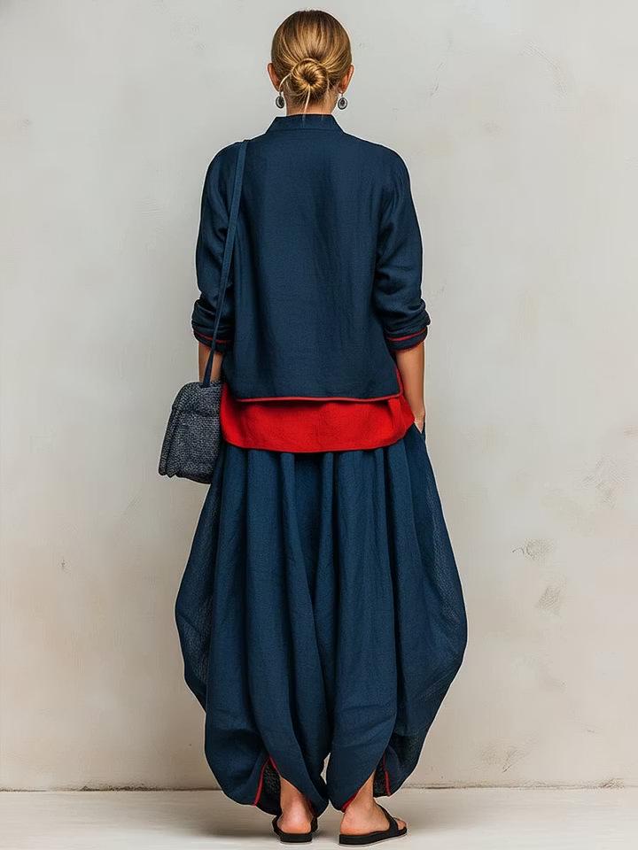 2026 Europäischer & Amerikanischer Damen Baumwoll-Leinen Anzug mit Stehkragen: Doppellagiges Patchwork-Oberteil mit drapierter weiter Laternenhose - Zweiteiliges Set.