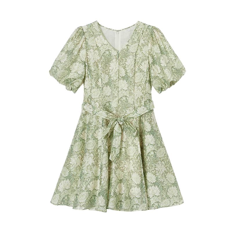 Xiangying Floral Puff Sleeve V-Neck Midi Dress M