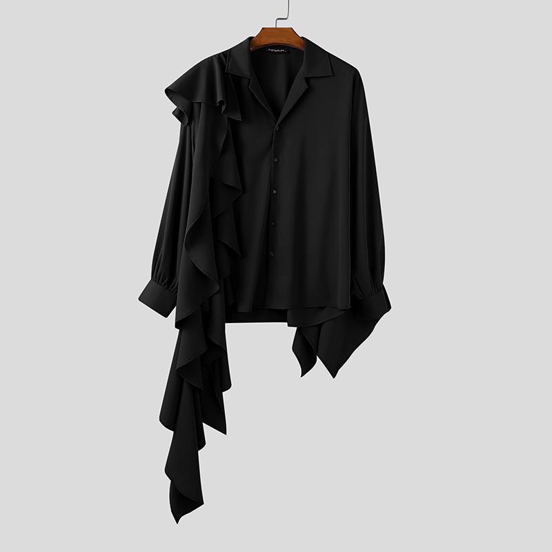 

INCERUN Мужские элегантные рубашки топы с длинным рукавом, с большим лацканом, с оборками, в стиле пэчворк 4XL чёрный