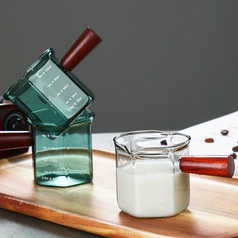 120Ml Wood Handle Glass Espresso Measuring Cup Coffee Extraction Cup With Scale High Temperature Resistance Milk Jug Measure Mug