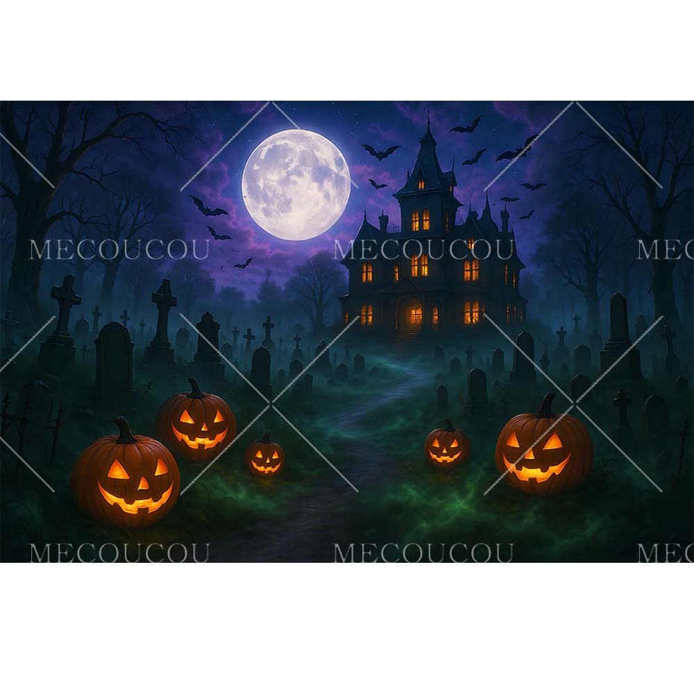 Halloween Backdrop Horror Night Full Moon Pumpkin Skull Castle Cemetery Halloween Party Adult Kids Background Decor Customized