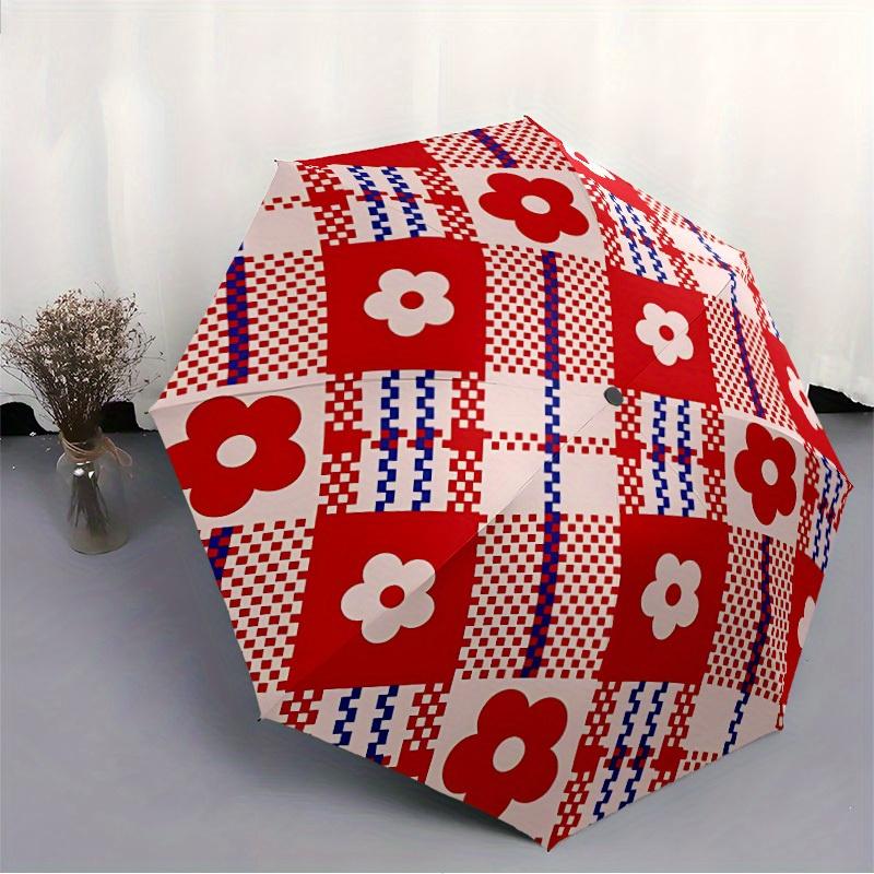 1pc Floral Checkered Automatic Folding Umbrella, 8-Rib Sturdy Canopy, Portable Travel Umbrella for Outdoor Use