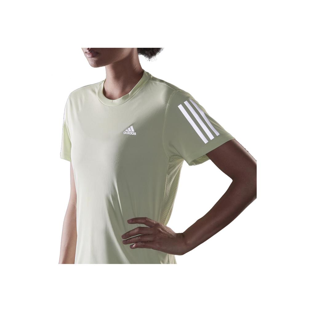 Adidas Damska koszulka do biegania z krótkim rękawem, szybkoschnąca, z bocznym paskiem i nadrukiem na ramionach, kolor kwasowo-limonkowy HC1747