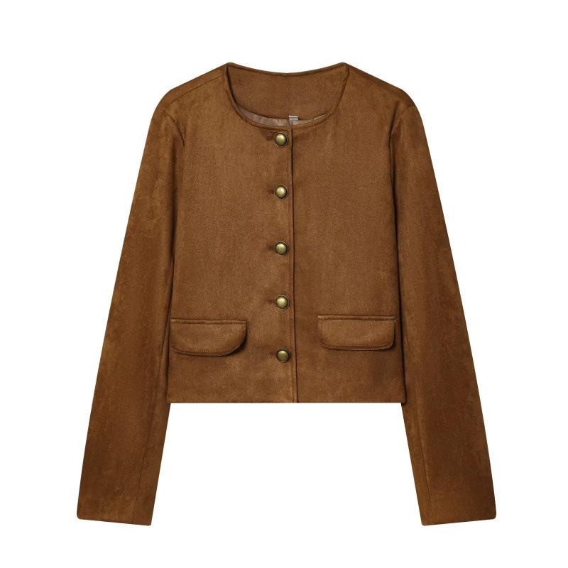 

2026 Spring Elegant European & American Style Suede Single-Breasted Short Jacket L коричневий