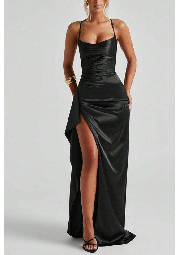 2026 Summer Solid Color Off-Shoulder Satin Sleeveless Strap Dress for Women