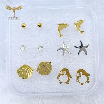 6 Милих Сережок-Пусетів з Морськими Тваринами: Морська Зірка, Дельфін, Пінгвін, Мушля для Дівчат Жінок Літній Подарунок з Цирконами Медична Сталь