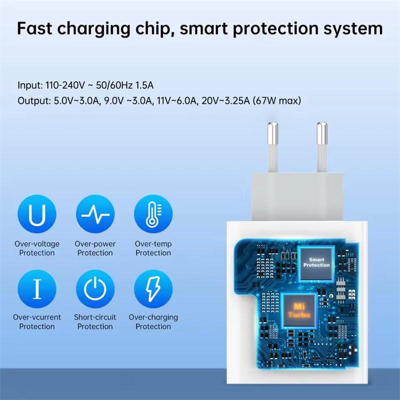 67W USB Super Fast Charger USB C PD Interface Phone Charger Adapter For iPhone15 Samsung Huawei Turbo Charge New 2025