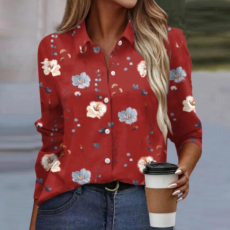 Women Floral Print Long Sleeve Button Down Blouse Casual Shirt Collar Top Basic Wear